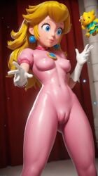 ai_generated autismmix_pony(model) background_mutant blonde_hair blue_eyes bodysuit cameltoe closed_mouth covered_nipples female female_focus from_below hotel impossible_bodysuit impossible_clothes indoors lips mario_(series) perky_breasts perky_nipples pink_bodysuit princess_peach princess_peach:_showtime! puffy_short_sleeves skintight skintight_bodysuit stable_diffusion standing