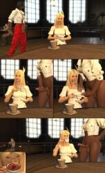 3d audrey_dupont blonde_hair clothing comic cum_in_container cup dark-skinned_futanari dark_skin drinking_cum dripping_cum final_fantasy_xiv futanari futanari_masturbation gokkun gpose(ffxiv) hair_ornament jewelry light-skinned_female long_hair masturbation oc panels partially_clothed pink_highlights pink_nails public semen