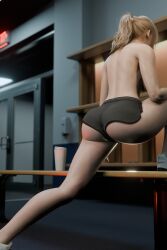 1girls 3d ashley_graham ashley_graham_(ella_freya) blender blender_(software) blonde_hair enigmaj female female_focus female_only human light-skinned_female light_skin medium_hair resident_evil shoes shorts sneakers solo sportswear straight_hair stretching thighs topless