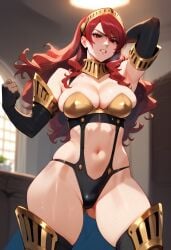 2d ai_generated atlus bikini_armor blush elbow_gloves gloves headgear headwear hellblueboy4 indoors long_hair mitsuru_kirijo persona persona_3 red_hair solo solo_female solo_focus standing tagme thighhighs