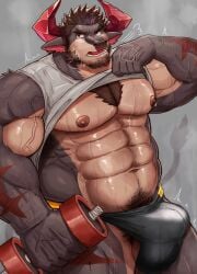 abs absurd_res anthro balls big_bulge bodily_fluids body_hair bovid bovine bulge cattle chest_hair clothed clothing clothing_lift facial_hair genitals happy_trail hi_res horn huge_bulge lifewonders live_a_hero male mammal miazuma_shouki muscular muscular_anthro muscular_male nipples obsidius pecs shirt shirt_lift solo speedo sweat swimwear topwear