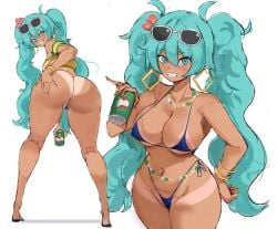 1girls areola_visible_through_clothing areolae bending_over bent_over big_butt bikini bikini_bottom bikini_top blue_hair bracelet bracelets brazilian_miku can dat_ass earrings eyewear_on_head fat_ass hand_on_ass hand_on_butt hatsune_miku looking_at_viewer looking_back nipple_bulge nipples_visible_through_clothing rakeemspoon sandals smile smiling smiling_at_viewer sunglasses t-shirt tagme tan_body tan_skin tanline tanlines teal_hair teasing thick_thighs vocaloid