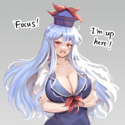 absurdres arms_under_breasts blue_hair blue_hat blush breasts cleavage collarbone commentary crossed_arms edz_drawz english_commentary english_text female hat highres kamishirasawa_keine keine_kamishirasawa large_breasts long_hair looking_at_viewer mature_female open_mouth red_eyes short_sleeves solo teacher touhou upper_body v-shaped_eyebrows