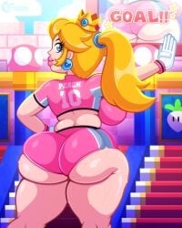 ass big_ass big_butt blonde_hair booty_shorts chubby crop_top earrings gloves huge_ass jumbotron kneepits looking_back mario_(series) mario_strikers nintendo pink_shorts ponytail princess_peach short_shorts shorts sideboob soccer_uniform sweat sweaty sweaty_butt tenjosan thick_lips thick_thighs thighs wedgie