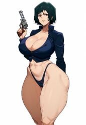 ai_generated female_only hip_dips hourglass_figure jujutsu_kaisen large_breasts posing_with_weapon short_hair tagme thick_thighs thong tight_clothing zenin_mai