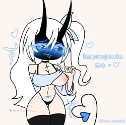 1girls blue_eyes blush breast_peek cleavage collar demon_girl female female_focus female_only gacha haru_(lewd_haru) impregnation_request lewd_haru_(artist) long_hair one_breast_out panties shirt_lift succubus succubus_horns succubus_tail succubus_tattoo tail thighhighs turned_on white_hair