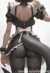 ai_generated ass ass_focus breasts covered_nipples ellen_joe large_breasts maid_outfit maid_uniform pantyhose shark_girl shark_tail short_hair skirt sweat sweaty_butt sweaty_tail tail unforgiving zenless_zone_zero