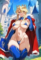 2d ai_generated artoria_pendragon artoria_pendragon_(lancer) bikini blonde_hair cloak crown elbow_gloves fate/grand_order fate_(series) female_only french_braid green_eyes highleg micro_bikini outdoors sidelocks single_hair_bun solo solo_female solo_focus tagme thighhighs