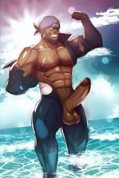 archie_(pokemon) balls bara beard big_penis bodysuit boner erection erosterone facial_hair flexing headkerchief male male_only muscles muscular nintendo penis penis_out pokemon solo solo_male team_aqua