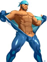 akatora_boy archie_(pokemon) balls bara beard bodysuit bulge facial_hair flaccid headkerchief male male_only muscles muscular nintendo penis pokemon solo solo_male team_aqua