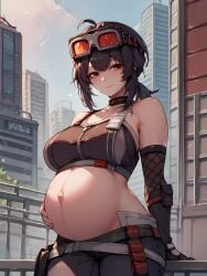 1girls ai_generated belly belly_button black_hair black_hair_female breasts chubby chubby_female exposed_pregnant_belly female female_focus female_only goggles goggles_on_forehead grace_howard hoyoverse light-skinned_female light_skin mihoyo mihoyo_technology_(shanghai)_co._ltd. orange_eyes orange_eyes_female pregnant pregnant_belly pregnant_female solo solo_female solo_focus zenless_zone_zero