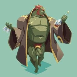 balls bara beard bottomless chuchugelee cock_ring facial_hair flaccid ganondorf gerudo green_body green_skin male male_only muscles muscular nintendo pantsless penis red_hair robe solo solo_male the_legend_of_zelda