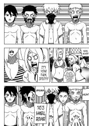 3girls 5boys aggressive anger_vein angry big_breasts blood blush breasts celebration clenched_fist clenched_hand comic competition competitive dialogue english_text erect_penis erection erection_under_clothes hatake_kakashi ino_yamanaka inuzuka_kiba kakashi_hatake looking_at_another looking_at_partner looking_at_penis looking_at_self monochrome multiple_boys multiple_girls nara_shikamaru naruto naruto:_the_last naruto_(series) naruto_shippuden ninrubio nosebleed sai sakura_haruno story tsunade uzumaki_naruto vein volleyball volleyball_net