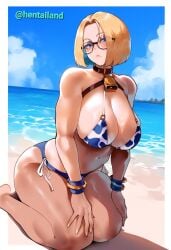 1girls ai_generated beach big_breasts bikini blonde_hair blue_bikini blue_eyes blue_mary clouds cowbell female glasses king_of_fighters kneeling outdoors outside sea seaside short_hair solo thick_thighs water