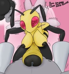 2024 anon antennae_(anatomy) anthro ass balls beedrill big_penis black_arms black_legs bodily_fluids bonebees breasts cowgirl_position digital_drawing_(artwork) digital_media_(artwork) duo exoskeleton flapping_wings from_front_position generation_1_pokemon genital_fluids genitals gynomorph hanging_breasts heart_eyes heart_symbol hi_res huge_cock intersex intersex/male male multicolored_body multiple_angles nintendo nipples non-mammal_nipples on_bottom on_top penis pokemon pokemon_(species) precum rear_view red_eyes sex shaking simple_background stripes two_tone_body wings yellow_body