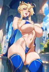 2d ai_generated artoria_pendragon artoria_pendragon_(lancer) bikini blonde_hair crown elbow_gloves fate/grand_order fate_(series) female_focus female_only french_braid green_eyes highleg indoors micro_bikini sidelocks single_hair_bun solo solo_female solo_focus tagme thighhighs tongue tongue_out