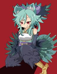 animal_ears blue_hair blush feathers fox_ears fox_tail harpy monster_girl new_year_(artist) original red_eyes talons tongue