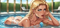 adoptable-ai ai_generated blonde_hair blue_eyes emma_frost female female_only large_breasts marvel marvel_comics pool poolside wet_clothes white_queen x-men