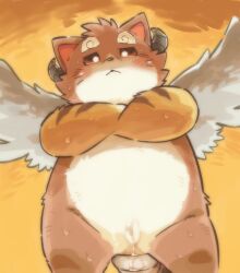 after_anal anthro anus anus_only blush bodily_fluids brown_body brown_fur chimera crave_saga cum cum_in_ass cum_inside fur garouzuki genital_fluids hi_res horn low-angle_view male orange_body orange_fur ortho_(crave_saga) solo striped_body striped_fur stripes sweat wings