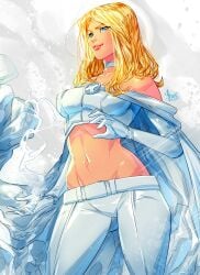 1girls blonde_hair blue_eyes cape choker clothed emma_frost female female_only fully_clothed fully_clothed_female marvel marvel_comics pelvic_line sfw smile smiling standing superpowers watermark white_cape white_clothing white_queen x-men xdtopsu01