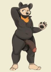 anthro balls bear black_body black_fur black_pawpads dosent erection fur genitals grey_background half-closed_eyes hi_res humanoid_genitalia humanoid_penis male mammal markings narrowed_eyes pawpads paws penis simple_background slightly_chubby slightly_chubby_anthro slightly_chubby_male smile solo sun_bear tan_body tan_fur ursine yellow_markings