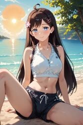 ai_generated beach black_hair blue_eyes brown_hair flowers girl hair_ornament pose shorts sun_rong the_daily_life_of_the_immortal_king