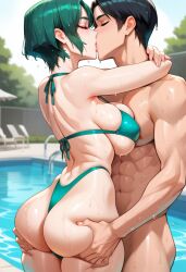 1boy 1girls 2d ai_generated ass ass_grab big_breasts bikini day green_eyes green_hair highleg kissing kissing momokino_yuu outdoors pool poolside short_hair tagme triage_x wet wet_body