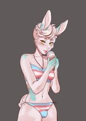 absurd_res anthro bikini blush breasts clothed clothing dessert digital_media_(artwork) eyelashes food fur green_body green_ears green_fur gynomorph hair hi_res ice_cream intersex lagomorph leporid lgbt_pride long_ears looking_at_viewer mammal multicolored_body multicolored_ears multicolored_fur nmkhtz_(artist) pickles_(picklesjars) pride_colors rabbit simple_background solo swimwear tongue tongue_out transgender_pride_colors two-piece_swimsuit two_tone_body two_tone_fur white_body white_fur