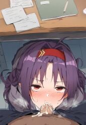 ai_generated cock cum cum_in_mouth desk femsub konno_yuuki pov purple_hair school_uniform shtormyy sucking sword_art_online under_desk