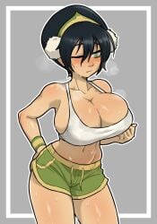 1girls armband athletic_female avatar_legends avatar_the_last_airbender blind blush breasts centinel303 earth_kingdom female fit_female hair_ornament huge_breasts one_eye_closed shorts solo steam sweat sweating tank_top toph_bei_fong