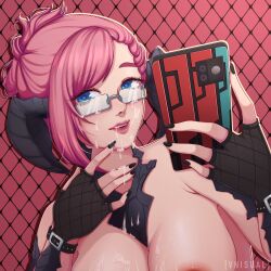 au_ra blue_eyes cellphone cum cum_on_breasts cum_on_face final_fantasy final_fantasy_xiv glasses horn kyari_layarte pink_hair scales selfie vhisual xaela