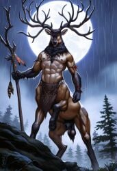 1boy 2020s 2024 ai_generated anthro antlers avaru black_nose brown_body brown_fur cervine cervine_antlers cervine_genitalia cervine_humanoid cervine_taur clothing dirt elk feathers forest full_moon fur hooves humanoid landscape looking_at_viewer male male_focus male_only mammal moon multicolored_body multicolored_fur muscular muscular_male nature nature_background night nipples primal_wilds rain raining solo tagme taur testicles tuft tufted_fur