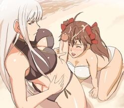 2girls alicia_melchiott bikini blush breasts cleavage cum dickgirl facial female futa_on_female futa_with_female futanari grey_hair handjob intersex large_breasts long_hair marnic penis selvaria_bles shore swimsuit tied_hair twintails valkyria_chronicles voluptuous