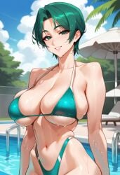 2d ai_generated big_breasts bikini day female_focus female_only green_eyes green_hair highleg momokino_yuu outdoors pool poolside short_hair solo solo_female solo_focus tagme triage_x wet wet_body