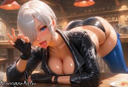 1girls ai_generated angel_(kof) bar bending_forward black_gloves black_jacket black_panties blowjob_face blowjob_gesture blue_eyes blush bottle bottles drink female gloves jacket king_of_fighters leather light saliva saliva_drip short_hair sweat sweating table tongue tongue_out wet white_hair wooden_table