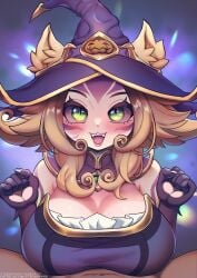 1boy 1girls 2d 2d_(artwork) :3 alternate_breast_size bewitching_neeko big_breasts blush brown_hair clothed dark-skinned_male dark_skin fellatio female green_eyes hat huge_breasts league_of_legends light-skinned_female light_skin looking_at_viewer male male/female neeko paizuri penis riot_games strongbana symbol-shaped_pupils tales_from_the_rift_series uncensored witch_hat