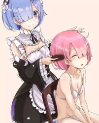 2girls blue_eyes blue_hair cutting_hair eyes_closed lingerie maid maid_uniform petite pink_eyes pink_hair ram_(re:zero) re:zero_kara_hajimeru_isekai_seikatsu rem_(re:zero) small_breasts white_lingerie wholesome yuri