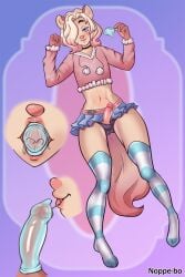 anthro clothed clothing condom condom_in_mouth crossdressing femboy genitals legwear male male_only mouth_hold noppe-bo object_in_mouth sexual_barrier_device solo stockings wearing_condom yumi_(noppe-bo)