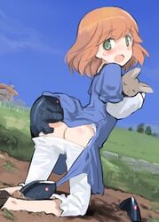 amelie_planchard ass_cleavage blush butt_crack clothing hug kneeling lowres neuroi open_mouth rabbit shimada_fumikane short_hair strike_witches white_legwear world_witches_series