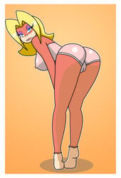 anthro ass blonde_hair blue_eyes bra breasts cameltoe candy_kong clothed color donkey_kong_(series) female female_only full_body furry gradient_background hair half-closed_eyes looking_at_viewer nintendo nipples orange_background panties pervyangel presenting presenting_hindquarters primate solo solo_female white_background yellow_background