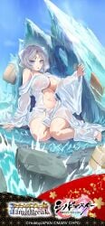 1girls 2024 big_breasts blue_eyes blush breasts covered_breasts female grey_hair highres hobby_japan looking_at_viewer marvelous medium_hair official_art open_mouth queen's_blade ribbon sea senran_kagura senran_kagura_shinovi_versus solo suggestive_pose towel towel_only yumi_(senran_kagura)