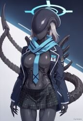 ai_generated alien alien_(franchise) alien_girl alien_humanoid black_skin cleavage clothed elongated_head human_hybrid humanoid large_ass large_breasts tagme tail thick_thighs wide_hips xenomorph