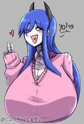 1girls android android_girl big_breasts crysnickel cute fanart female female_only gigantic_breasts gynoid huge_breasts iria_(minkye) original_character pink_clothing purple_hair robot robot_girl smug smug_face voluptuous white_body white_skin