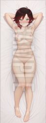 1girls ai_generated armpits arms_up blush breasts dakimakura embarrassed female full_body hi_res high_resolution highres lying lying_on_back naked nipples patreon pussy red_hair ruby_rose rwby silver_eyes sleeplessnighty solo solo_focus tagme watermark