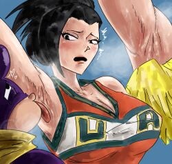 1boy 1girls armpit_fetish armpit_licking armpits badlandblack black_hair cheerleader clothed female long_hair male minoru_mineta momo_yaoyorozu my_hero_academia size_difference sweat sweaty tongue tongue_out