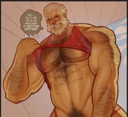 abs activision bara biceps blizzard_entertainment daddy dilf male male_nipples male_only manly mature_male muscular_male nipples overwatch overwatch_2 pecs reinhardt scar skayous sweat sweating wet white_beard white_hair