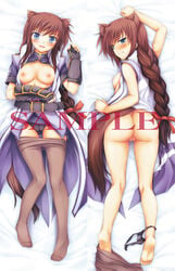 animal_ear ass barefoot belt blue_eyes blush braid breasts brioche_d'arquien brown_hair dakimakura dog_days feet fingerless_gloves fujimon gloves long_hair lying multiple_views nipples on_back panties panties_around_leg panties_around_one_leg pantyhose pantyhose_pull pointy_chin pussy sample shirt_pull tail uncensored underwear undressing