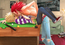 2boys axel_(kingdom_hearts) blonde_hair disney gay kingdom_hearts kissing male_only red_hair ripped_clothing roxas skirt_lift spiky_hair square_enix topless