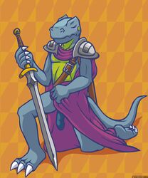 1boy belt blush cape closed_eyes dinosaur grumpyvulpix14 knight lizard male_only penis reptile scalie solo sword weapon