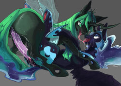 alicorn armor blue_eyes blue_hair changeling crown cutie_mark dark_persona dildo duo equine female feral friendship_is_magic green_eyes hair headgear helmet hi_res horn insect_wings kissing magiace mammal my_little_pony nightmare_moon_(mlp) open_mouth princess_luna_(mlp) pussy pussy_juice queen_chrysalis_(mlp) saliva sex_toy tongue tongue_out wings yuri